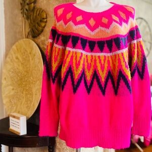 Fuzzy hot pink crew new geometric sweater